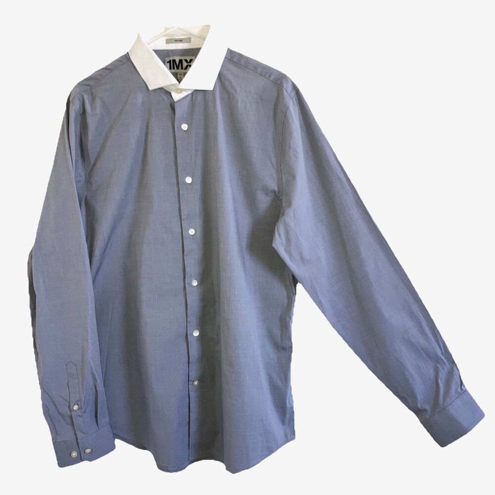 EXPRESS 1MX sz L Fitted Gray White Cotton Long Sleeve Shirt Contrast Collar Cuff